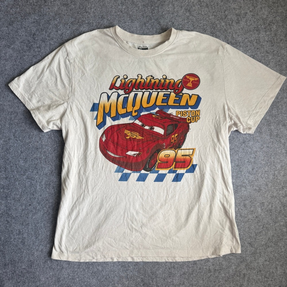 Disney Pixar Cars Lightning McQueen T Shirt XL Off White Piston Cup Racing 95